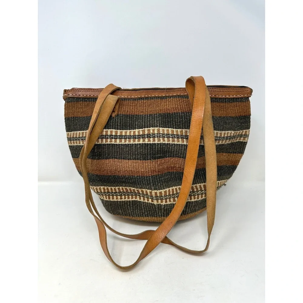 Unbranded Medium Brown Stripes Sisal Jute Basket Bag